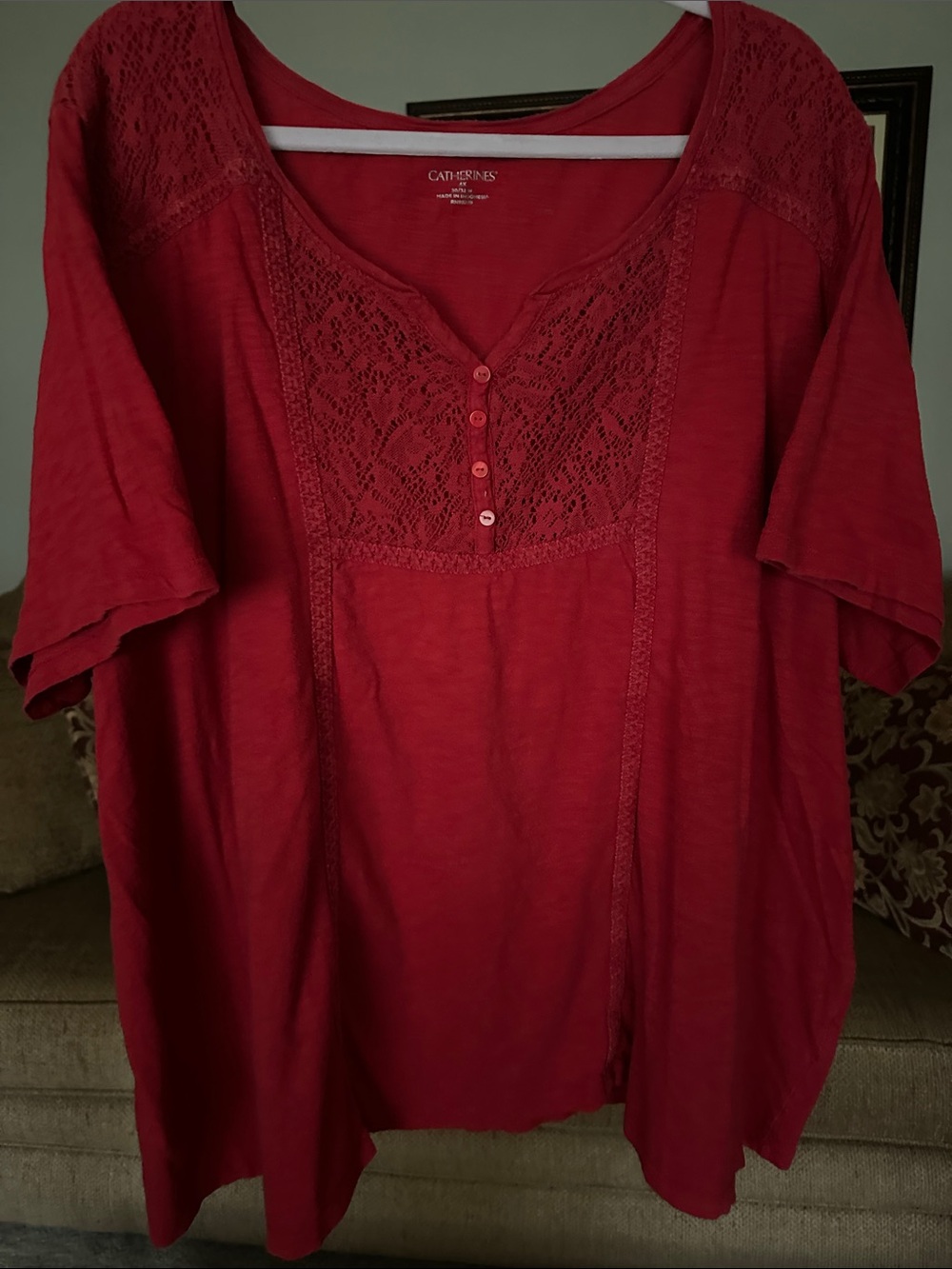 Catherines Red Lace-Trim Henley Knit Top